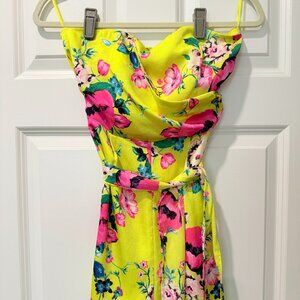 Express Yellow Floral Faux Wrap Top Strapless Romper